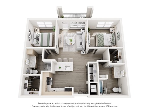 A 3D floor plan of a house with a kitchen, living room, and two bedrooms.